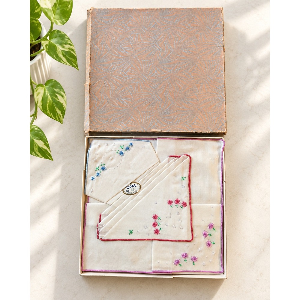 Vintage OPAL Embroidered Handkerchief Set Boxed Floral Hankies Mid Century Pink